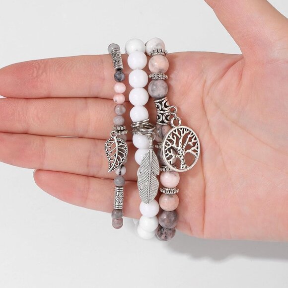 3PCS Charm-Pink Zebra Jasper Natural Stone Beaded Stretch Bracelet for Gifts - Picture 4 of 7